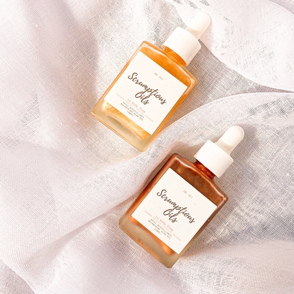 square dropper bottle shimmer body oil gold and bronze